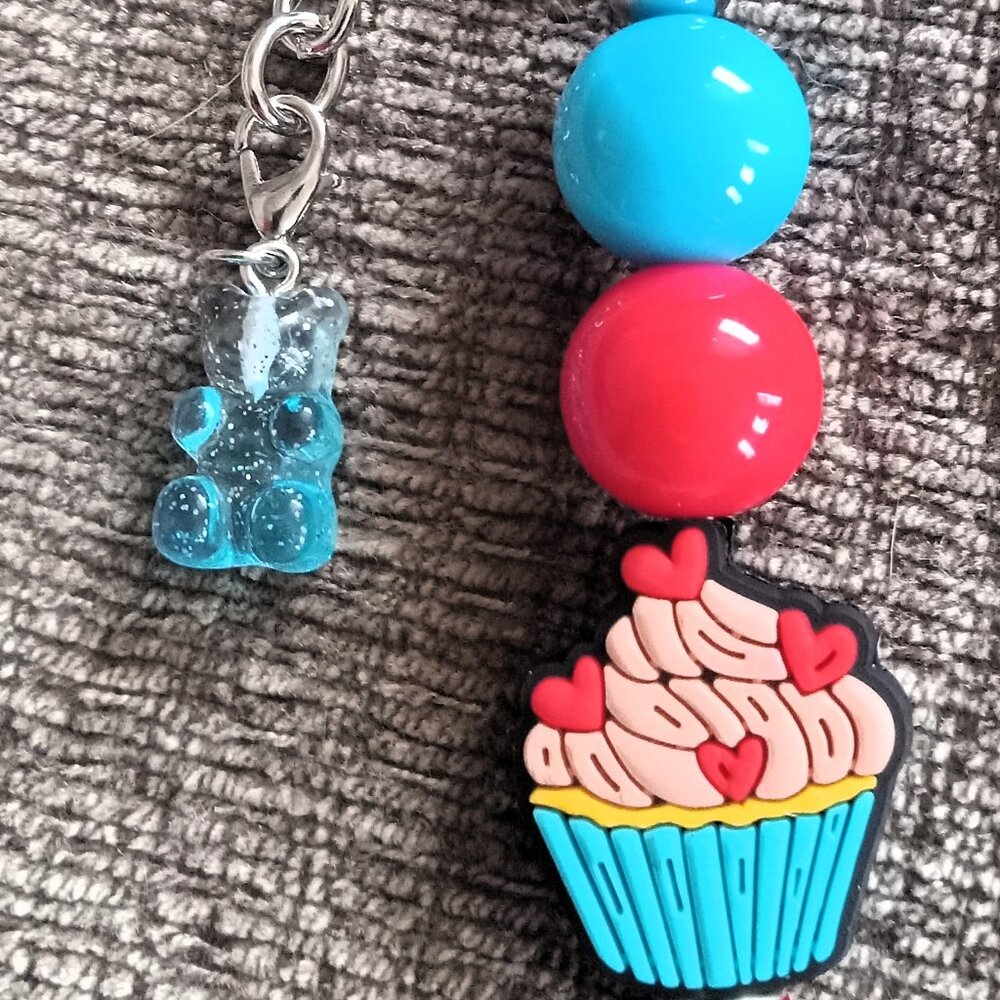 Handmade Blue/Red Cupcake Beaded Key Ring/Bag Charm - Gummy Bear Charm
